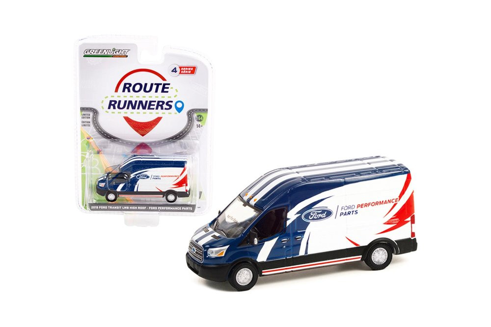 2019 Ford Transit LWB High Roof, Blue and White - Greenlight 53040D 1/64 scale Diecast Car