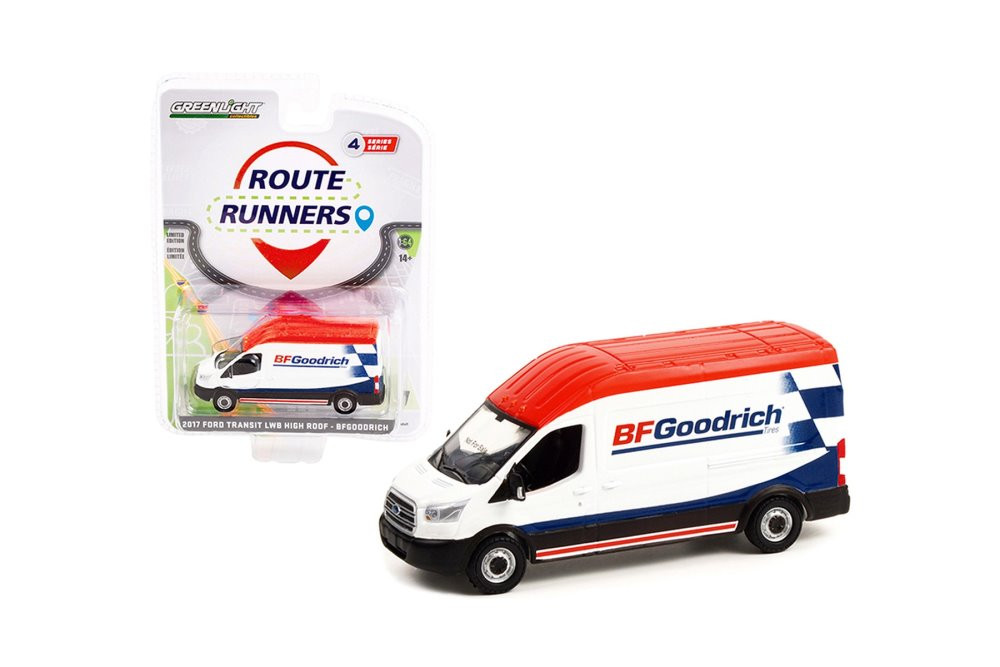 2017 Ford Transit LWB High Roof, White with Red and Blue - Greenlight 53040B 1/64 scale Diecast Car