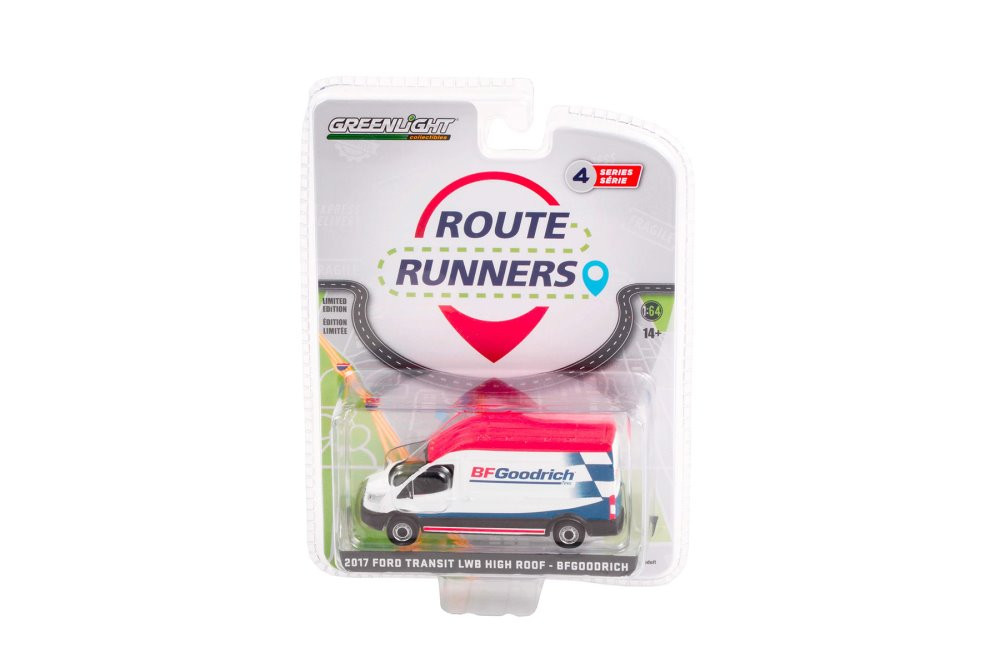 2017 Ford Transit LWB High Roof, White with Red and Blue - Greenlight 53040B 1/64 scale Diecast Car