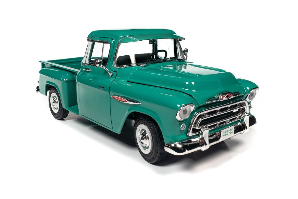 1957 Chevy 3100 Stepside Pickup Truck, Ocean Green - Auto World AW293 -  1/18 scale Diecast Car