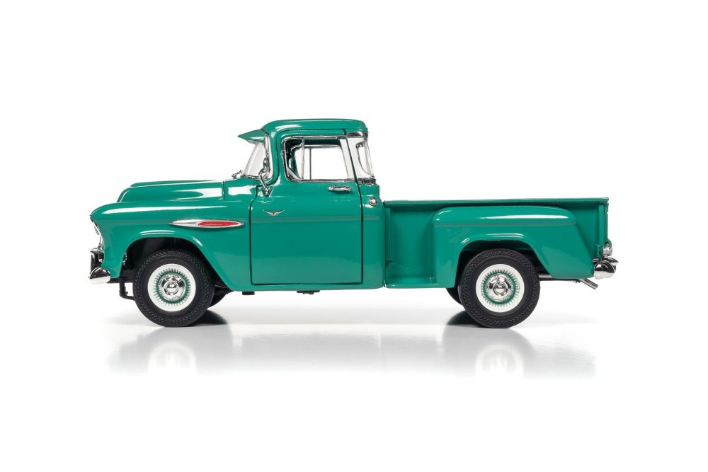 1957 Chevy 3100 Stepside Pickup Truck, Ocean Green - Auto World AW293 -  1/18 scale Diecast Car