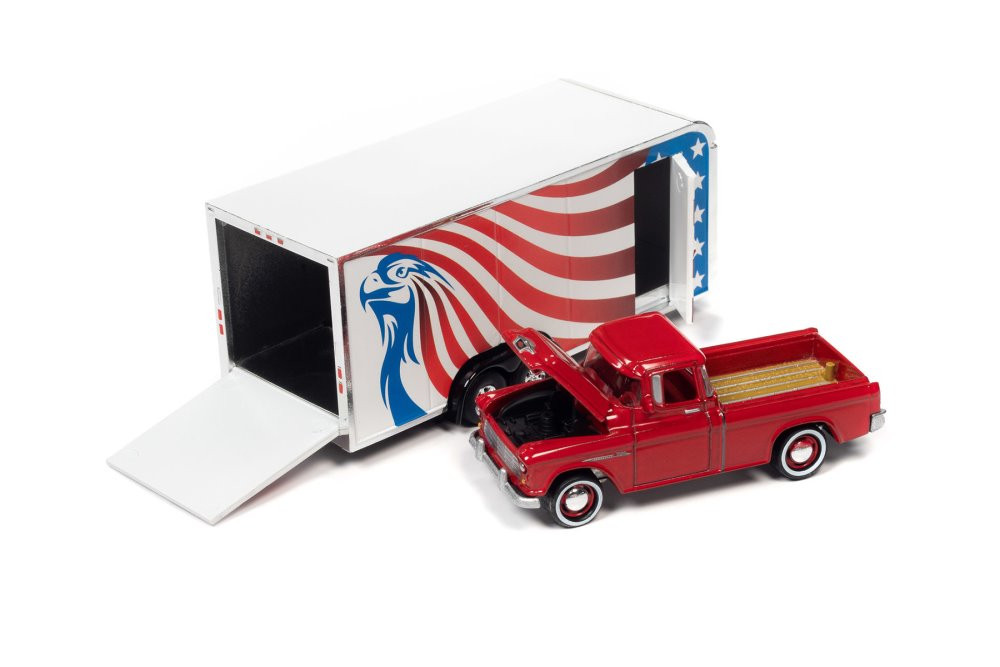 1955 Chevy Cameo Pickup Truck with Enclosed Car Trailer, Cardinal Red with Amercian Flag Graphics - Johnny Lightning JLSP200/24A - 1/64 scale Diecast Model Toy Car