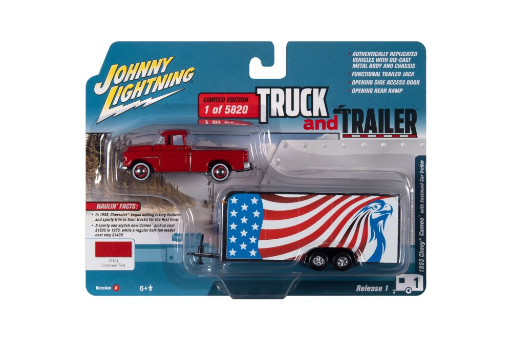 1955 Chevy Cameo Pickup Truck with Enclosed Car Trailer, Cardinal Red with Amercian Flag Graphics - Johnny Lightning JLSP200/24A - 1/64 scale Diecast Model Toy Car