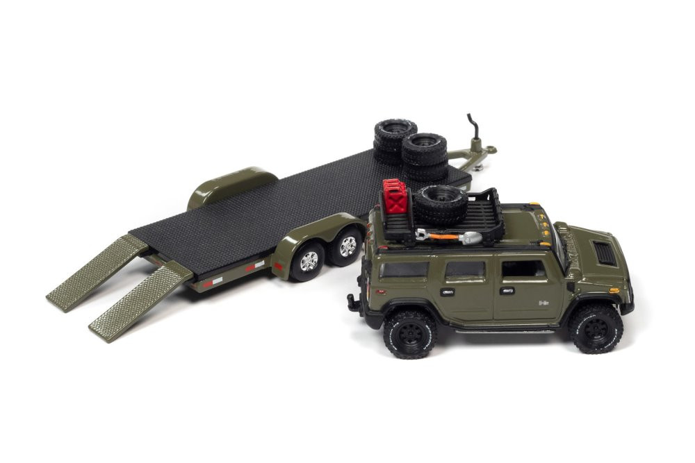 2004 Hummer H2 with Open Car Trailer, Medium Sage-  JLSP202/24A - 1/64 scale Diecast Model Toy Car