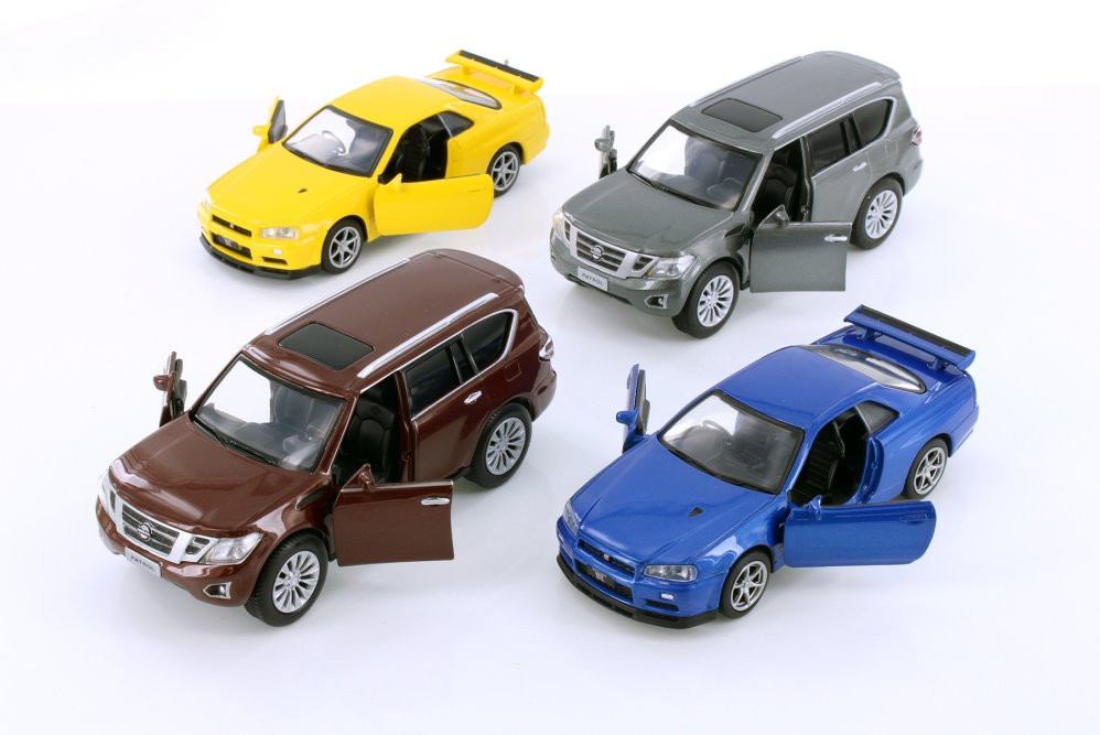 Showcasts Nissan Skyline GT-R34 V Spec II / Patrol Y62 Assortment Diecast Car Set - Box of 12 1/36 Scale Diecast Model Cars, Assorted Colors