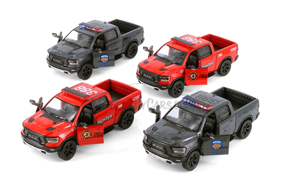 Kinsmart Dodge Ram 1500 Police & Firefighter Pick-Up Truck Diecast Car Set - Box of 12 1/36 Scale Diecast Model Cars, Assorted Colors