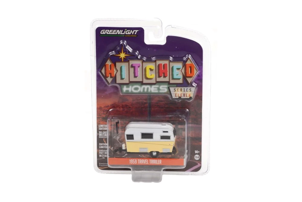 1959 Siesta Travel Trailer, White and Yellow - Greenlight 34110A - 1/64 scale Diecast Car