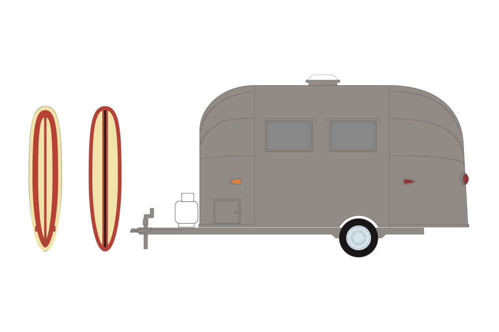 エアストリーム ヴィンテージ 16'バンビ 1/64 Airstream 16' Bambi with Surfboards, Aluminum Silver - Greenlight