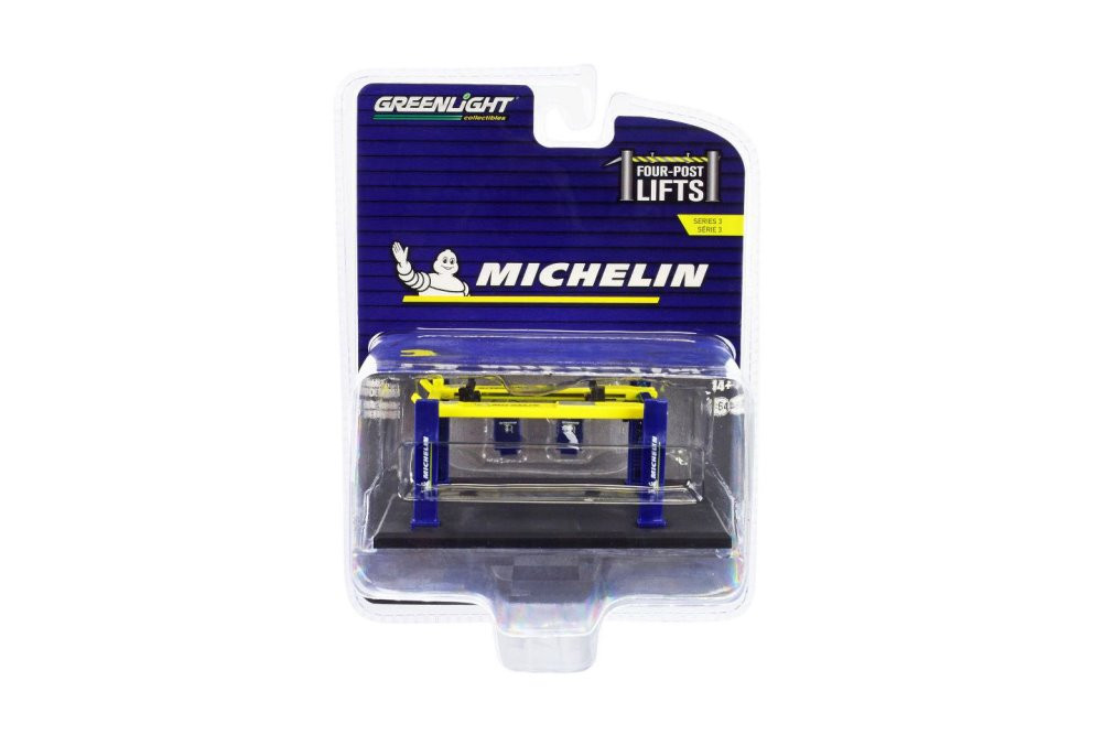 Four-Post Lift - Michelin Tires, Blue/Yellow - Greenlight 16130B- 1/64 scale Diecast Accessory