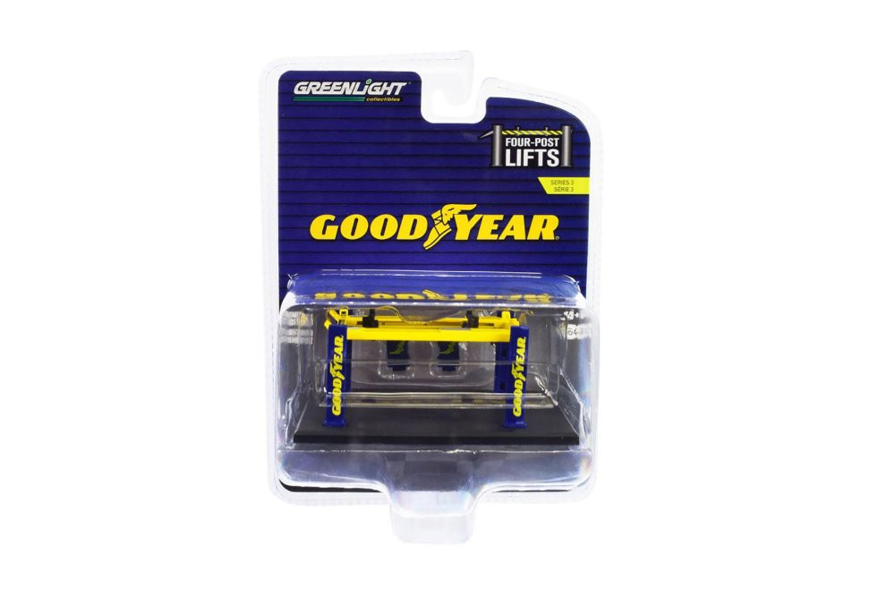 Four-Post Lift - Goodyear Tires, Blue/Yellow - Greenlight 16130A - 1/64 scale Diecast Accessory