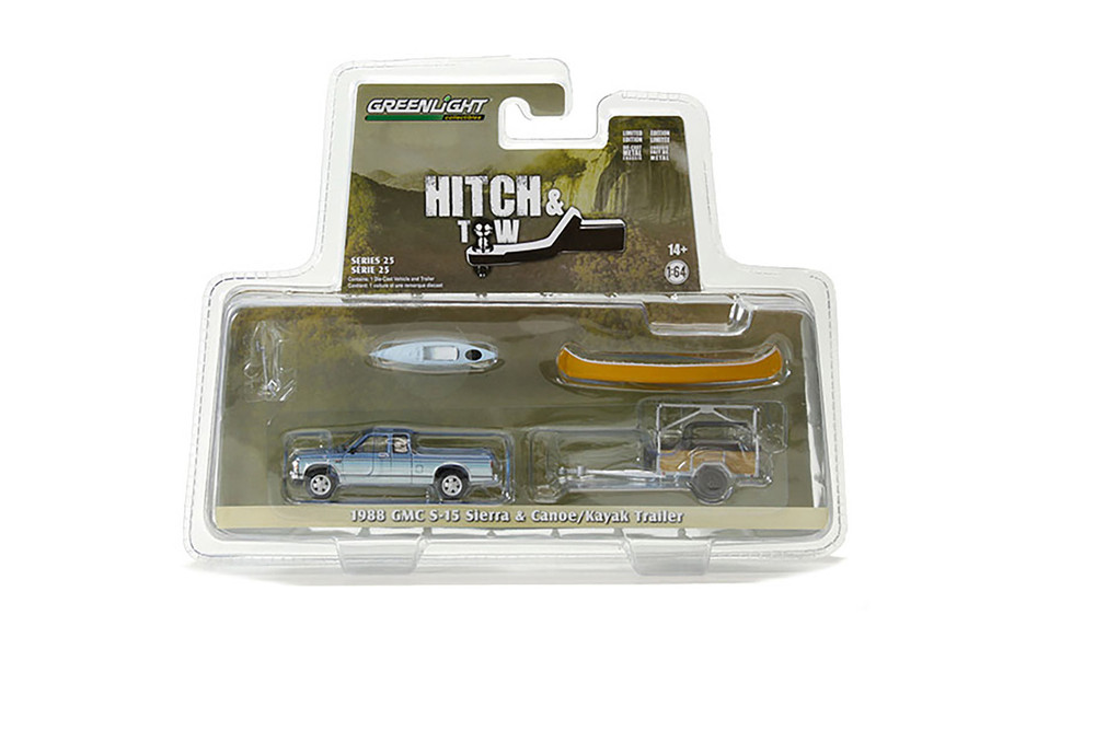 1988 GMC S-15 Sierra w/ Canoe and Kayak, Blue - Greenlight 32250C - 1/64 scale Diecast Car