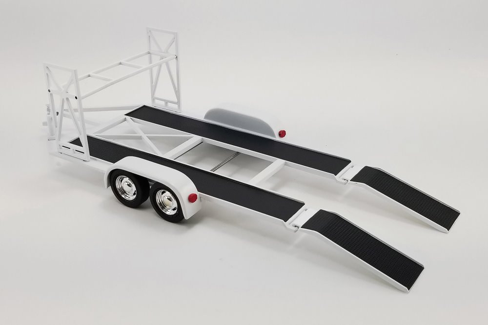 Tandem Car Trailer with Tire Rack, White - Acme 18984 - 1/18 scale