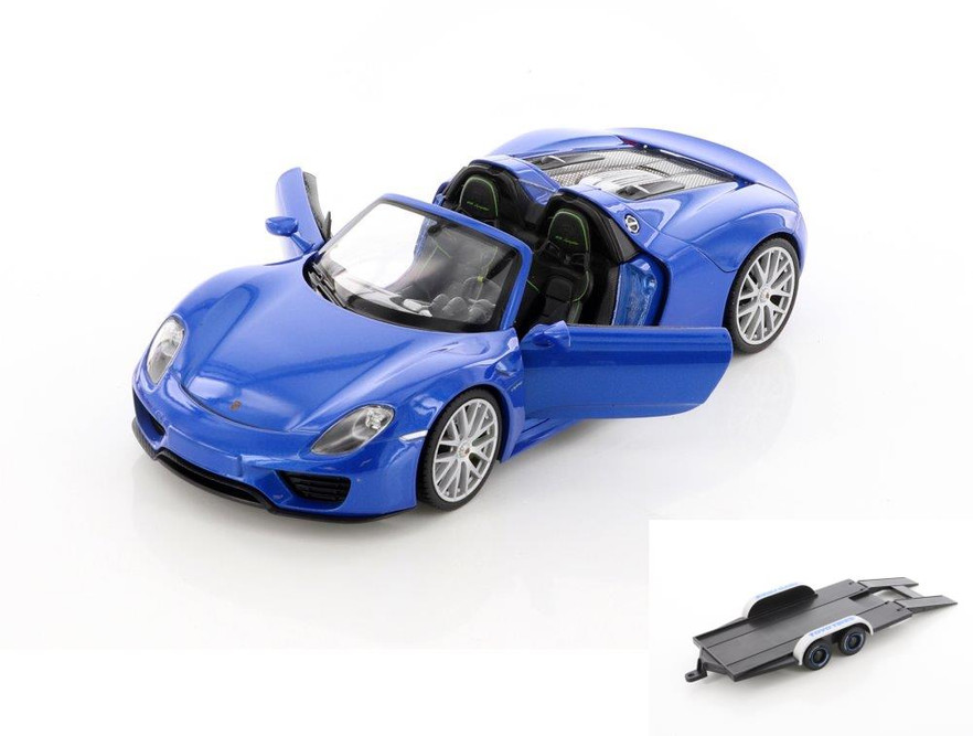 Diecast Car w/Trailer - Porsche 918 Spyder Convertible, Blue - Welly 24055CWBU - 1/24 scale