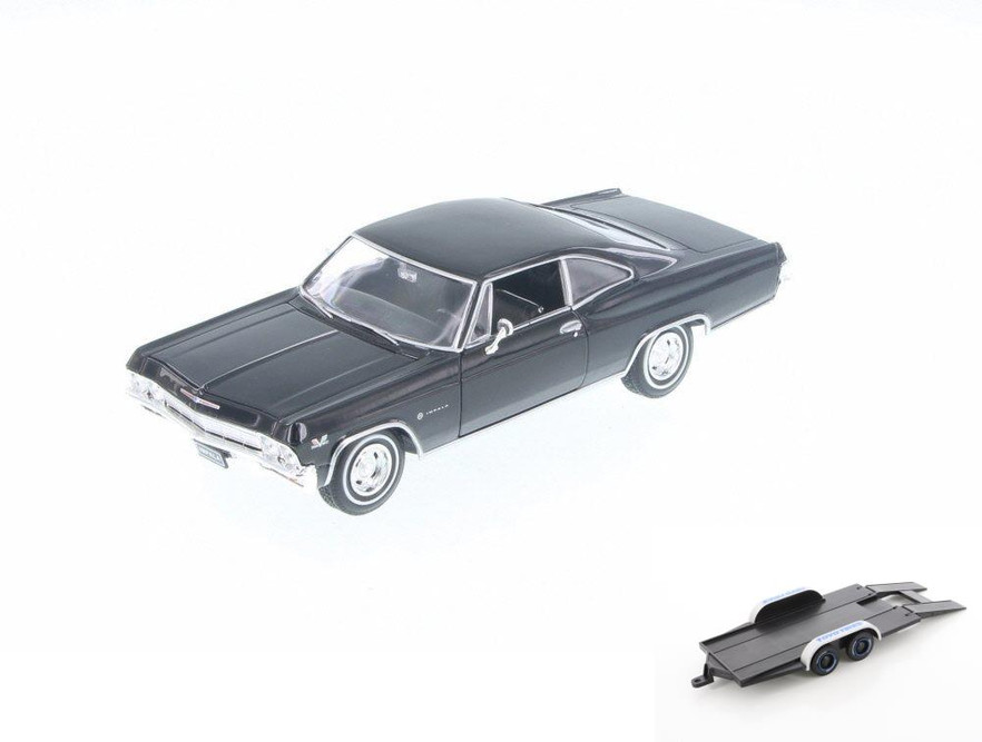 Diecast Car w/Trailer - 1965 Chevy Impala SS 396, Black - Welly 22417/4D - 1/24 Scale Diecast Model Toy Car