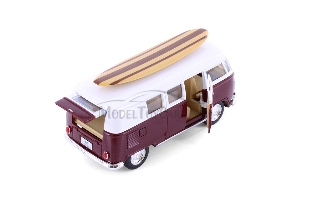 1962 Volkswagen Classic Bus w/ Surfboard, Burgundy - Kinsmart