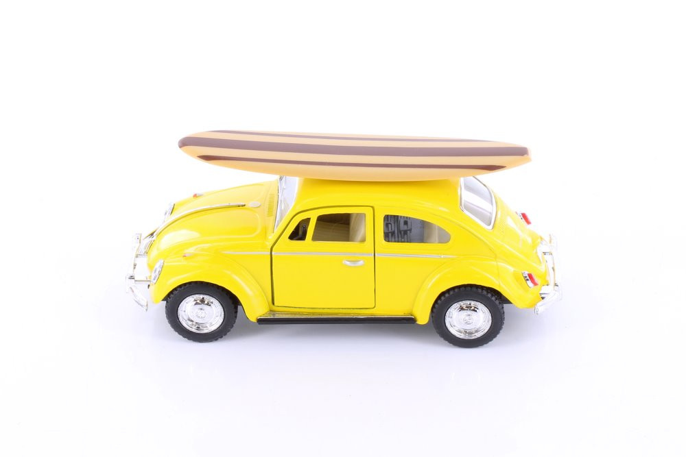 1967 Volkswagen Classic Beetle w/ Surfboard, Yellow - Kinsmart 5057DS1 - 1/32 scale Diecast Car