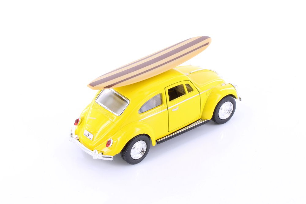 1967 Volkswagen Classic Beetle w/ Surfboard, Yellow - Kinsmart 5057DS1 - 1/32 scale Diecast Car