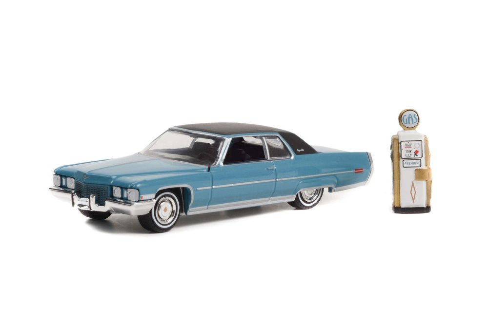 1972 Cadillac Coupe deVille w/ Vintage Gas Pump, Blue - Greenlight 97130A - 1/64 scale Diecast Car