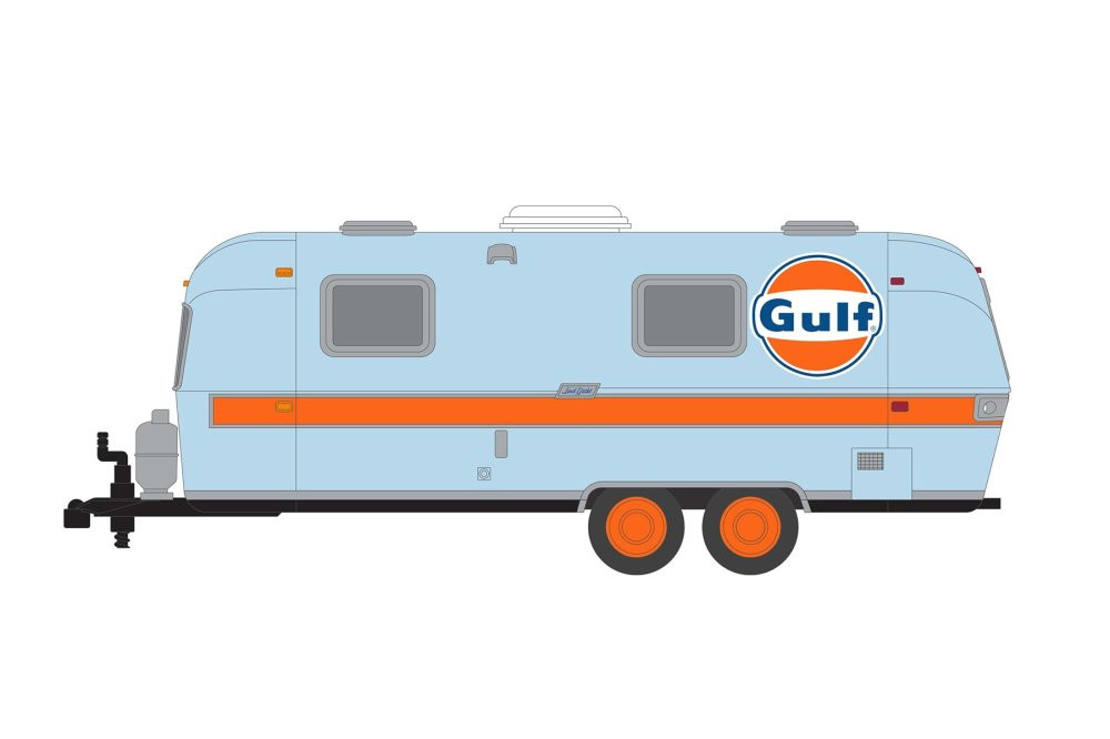 1971 Airstream Double-Axle Land Yacht Safari Custom Travel Trailer, Light Blue /Orange - Greenlight 34120B - 1/64 scale Diecast Car