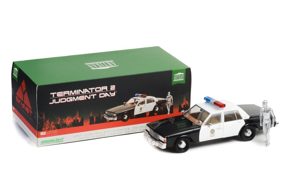 1987 Chevy Caprice Metropolitan Police w/ T-1000 Android Figure, The Terminator 2 - Greenlight 19105 - 1/18 Scale Diecast Car