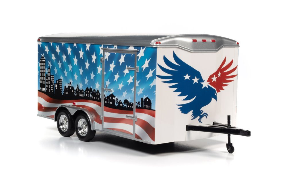 Four Wheel Enclosed Trailer, Patriotic Colors - Auto World AMM1300 - 1/18 Scale Trailer