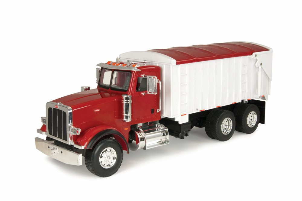 Peterbilt Model 367 With Grain Box - Lights and authentic Truck Sounds., Red and white - TOMY 46184P - 1/16 scale Hard Plastic Model