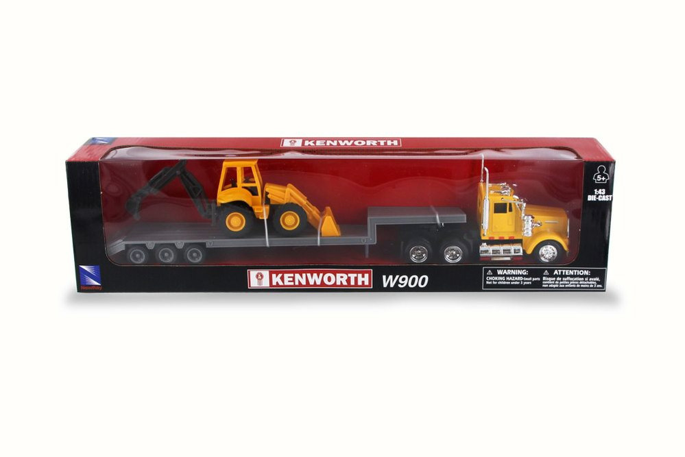 Kenworth W900 Lowboy w/ Bulldozer, Orange - New Ray 15303 - 1/43 Scale Model Vehicle Replica
