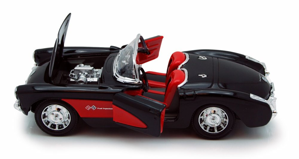 Diecast Car w/Trailer - 1957 Chevy Corvette Convertible, Black - Welly 29393 - 1/24 scale Diecast Model Toy Car