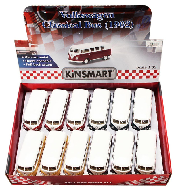 1962 Volkswagen Classic Bus Diecast Car Package - Box of 12 1/32 scale Diecast Model Cars, Asst Colors