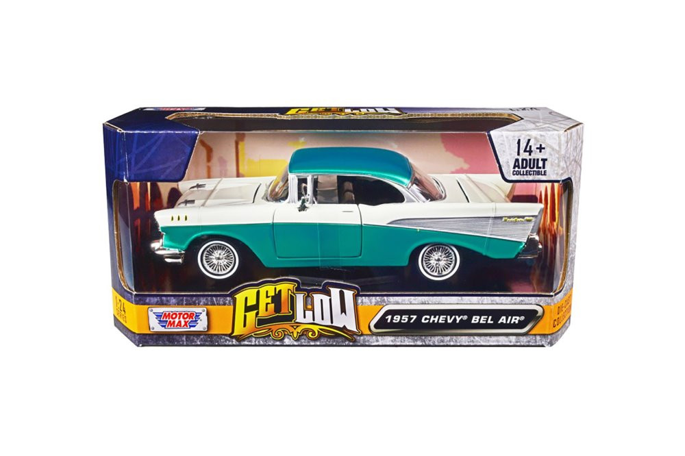 1957 Chevy Bel Air Lowrider, White/Turquoise - Motor Max 79029WLTQ - 1/24 Scale Diecast Car