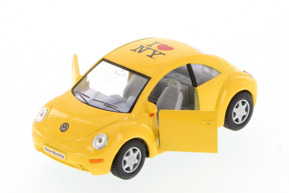 I Love New York Volkswagen New Beetle Hard Top, Yellow - Kinsmart 5028D-ILNY - 1/32 Scale Diecast Model Toy Car