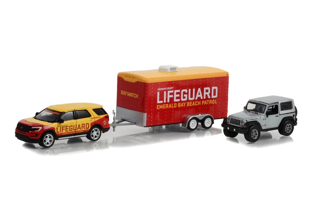 2016 Ford Explorer & 2013 Jeep Wrangler w/Hauler, Baywatch - Greenlight - 1/64 scale Diecast Car