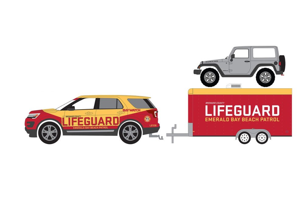 2016 Ford Explorer & 2013 Jeep Wrangler w/Hauler, Baywatch - Greenlight - 1/64 scale Diecast Car