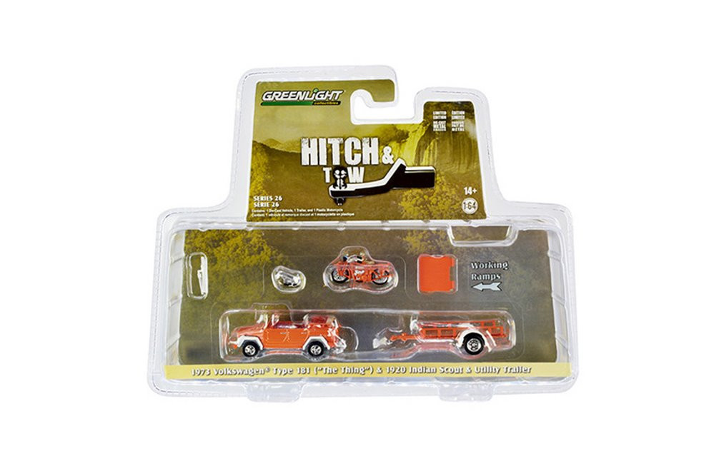 1973 Volkswagen Type 181 & 1920 Indian Scout w/Trailer - Greenlight 32260C - 1/64 scale Diecast Car