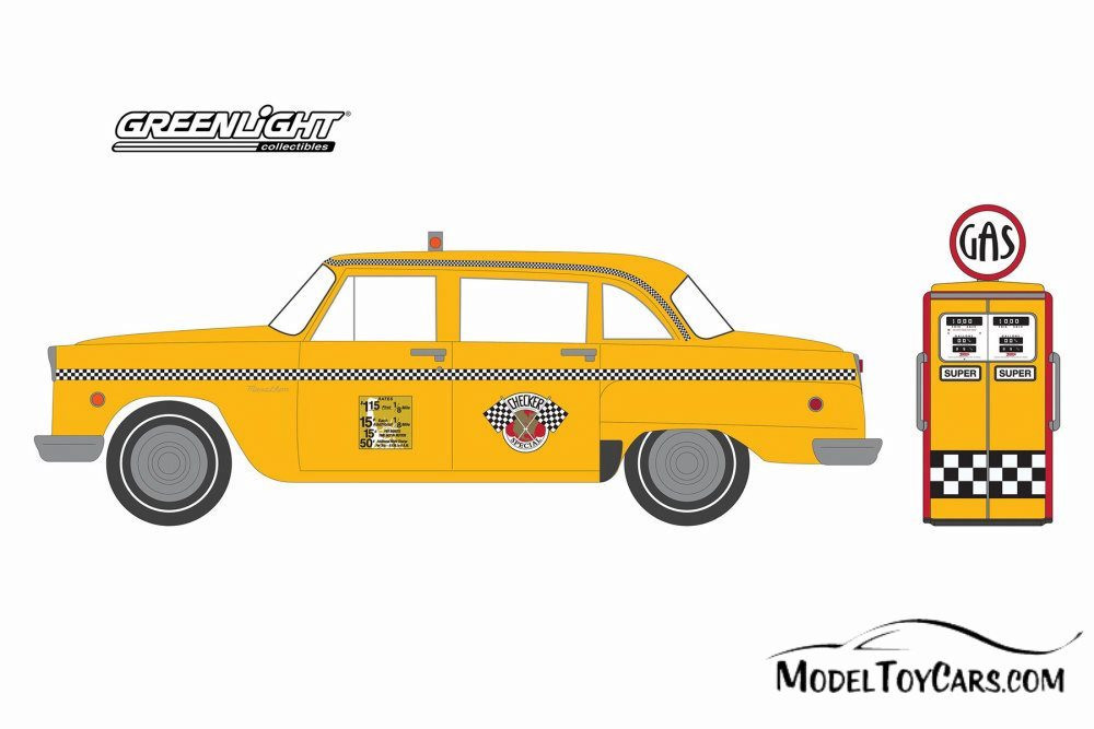 1978 Checker Motors Marathon A11 Taxi w/Gas Pump, Yellow - Greenlight 97070E, 1/64 Diecast Car