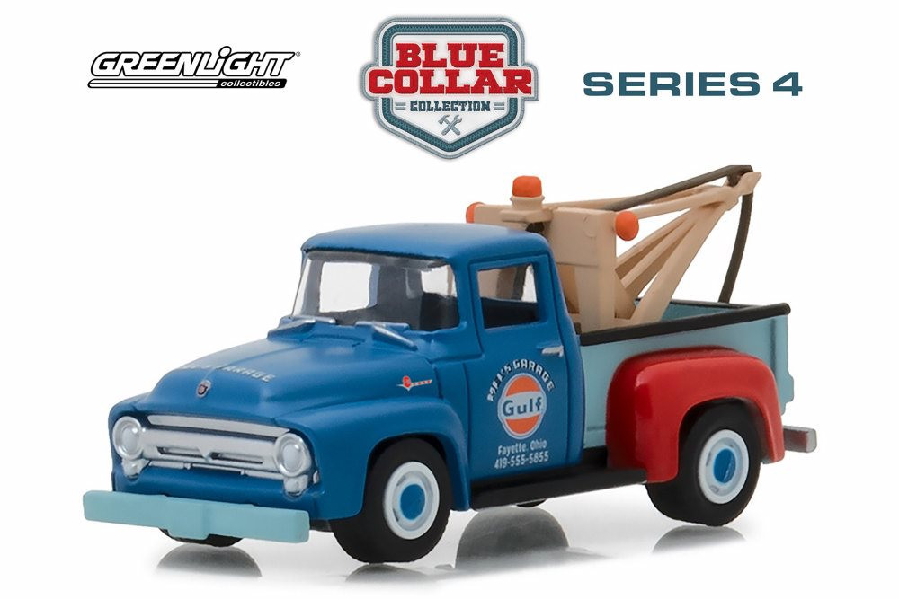 1956 Ford F-100 Tow Truck, Blue with Red - Greenlight 35100A/48 - 1/64 Scale Diecast Model Toy Car