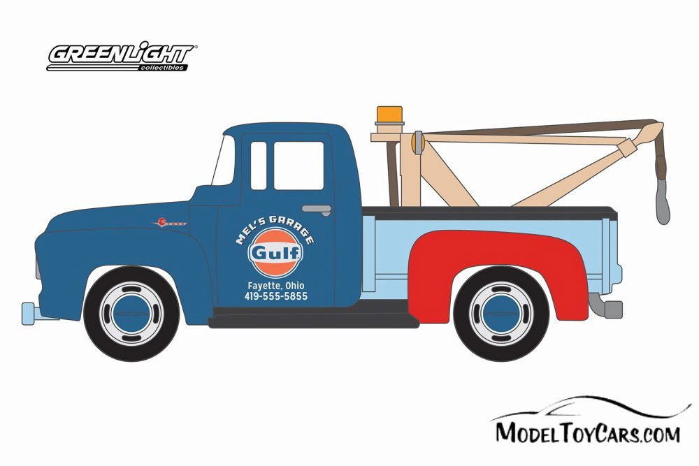 1956 Ford F-100 Tow Truck, Blue with Red - Greenlight 35100A/48 - 1/64 Scale Diecast Model Toy Car