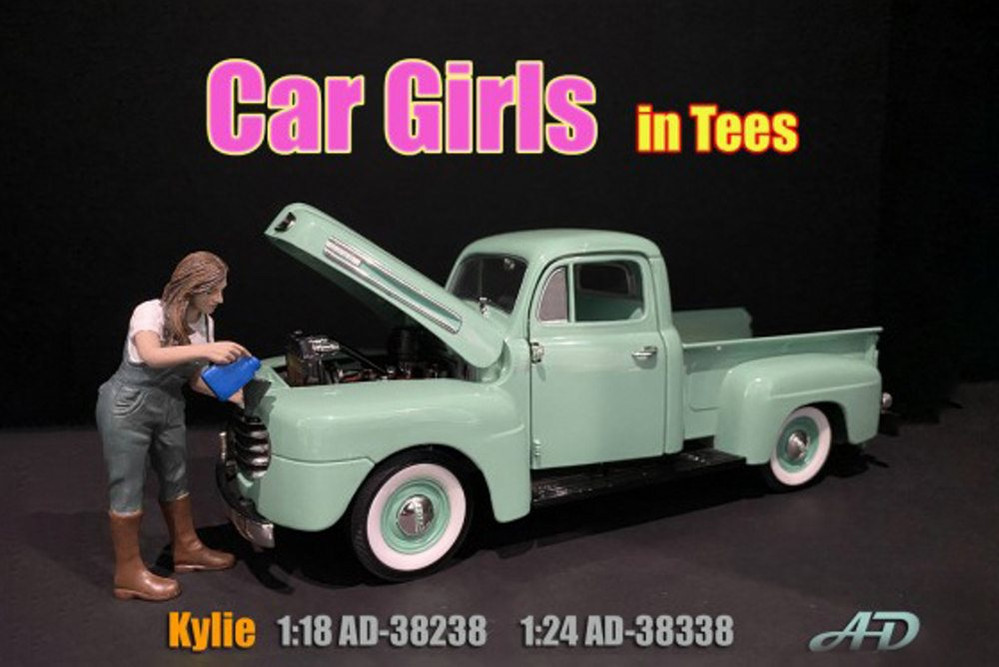 Car Girl in Tee Kylie Figure, White and Blue - American Diorama 38238 - 1/18 scale Figurine - Diorama Accessory