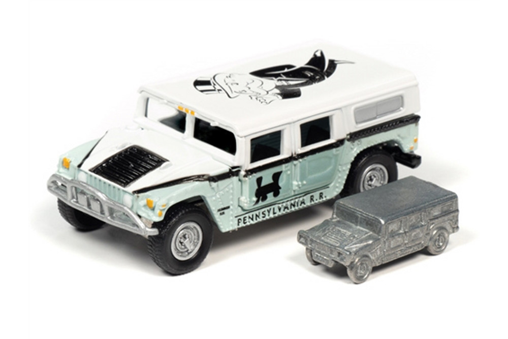 2004 Hummer H1 with Token Monopoly 85th Anniversary, White and Turquoise - Johnny Lightning JLSP094/24 - 1/64 scale Diecast Model Toy Car