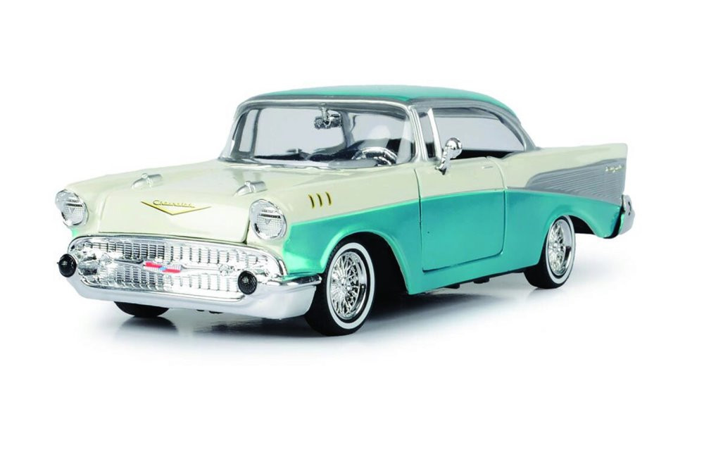 Diecast Car w/Display Case - 1957 Chevy Bel Air Lowrider, White/Turquoise - Motor Max 79029WLTQ - 1/24 Scale Diecast Car
