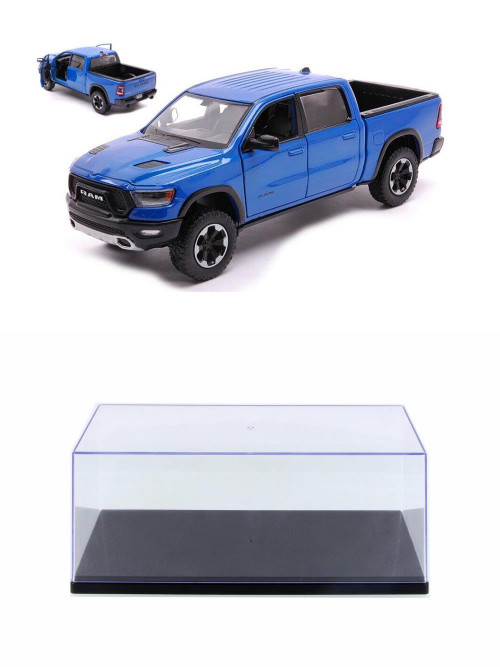 Diecast Car w/Display Case - 2019 Dodge Ram 1500 Crew Cab Rebel Pickup Truck, Blue - Motor Max 79358BU - 1/27 Scale Diecast Car