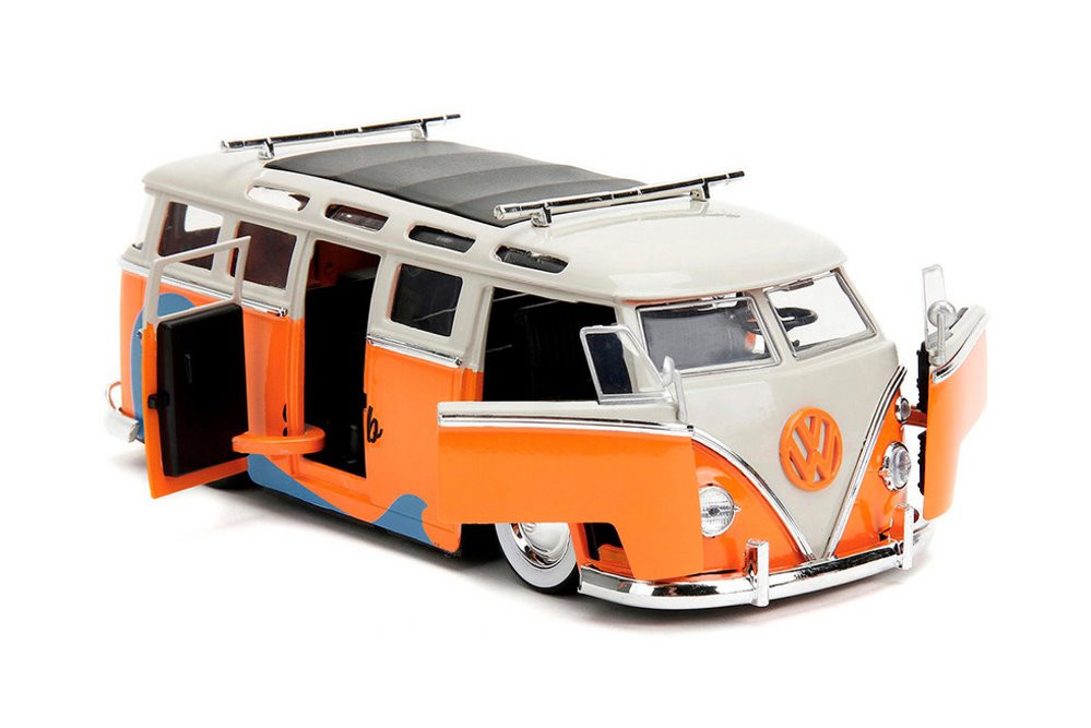 1962 Volkswagen Bus w/ Roof Rack and Surfboard, Orange - Jada Toys 34231/4  - 1/24 Scale Diecast Car
