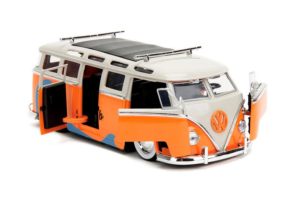 1962 Volkswagen Bus w/ Roof Rack and Surfboard, Orange - Jada Toys 34231/4 - 1/24 Scale Diecast Car