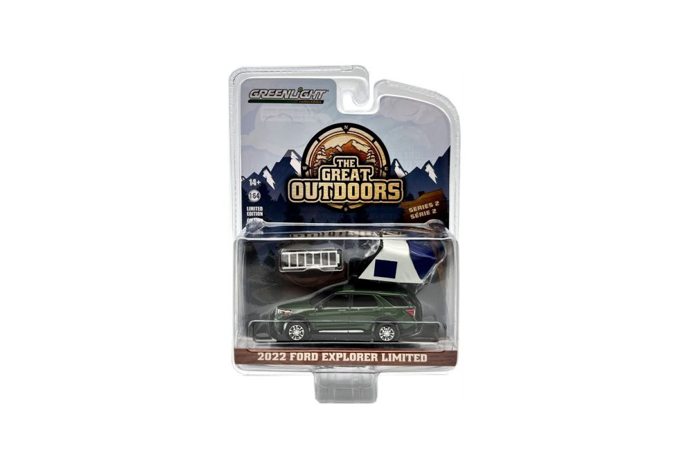 2022 Ford Explorer Limited w/ Rooftop Tent, Dark Green - Greenlight 38030F - 1/64 Scale Diecast Car