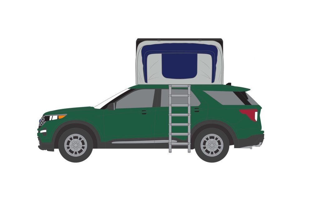 2022 Ford Explorer Limited w/ Rooftop Tent, Dark Green - Greenlight 38030F - 1/64 Scale Diecast Car