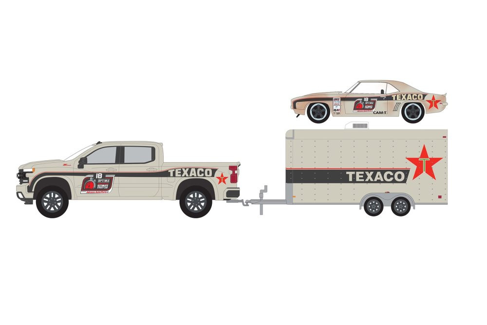 2021 Chevy Silverado & 1969 Camaro RS (worn) w/ Hauler - Greenlight 31140C - 1/64 scale Diecast Car