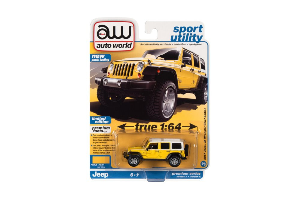 2017 Jeep JK Wrangler Chief Edition, Acid Yellow - Auto World AWSP108/24A - 1/64 Scale Diecast Car