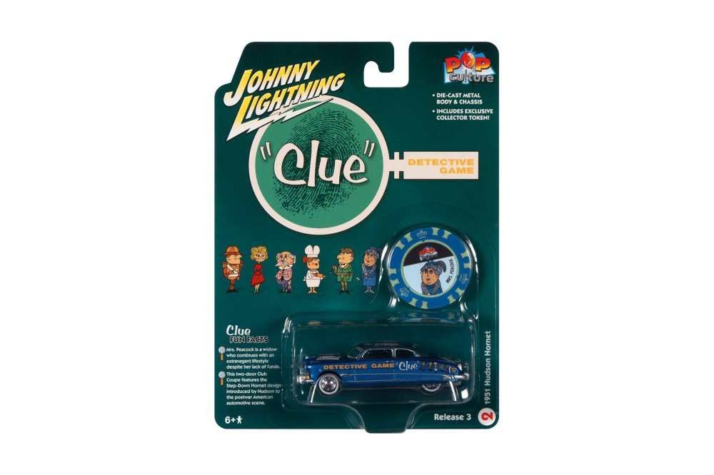 1951 Hudson Hornet w/ Mrs. Peacock Poker Chip, Clue - Johnny Lightning - 1/64 Scale Diecast Car