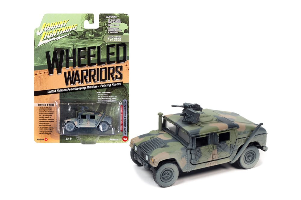 M1025 HMMWV Armament Carrier HUMVEE 4-CT Armored Fastback, Battle Worn Camo Green - Johnny Lightning - 1/64 scale Diecast Model Toy Car