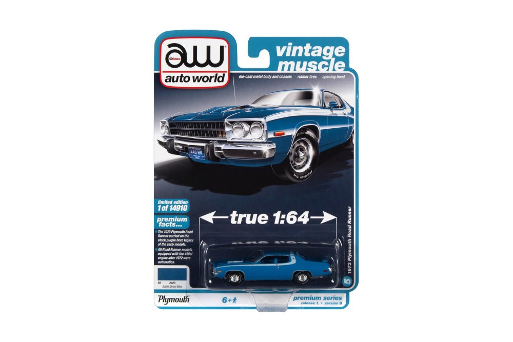 1973 Plymouth Road Runner, Basin Street Blue - Auto World AWSP096/24B - 1/64 scale Diecast Car
